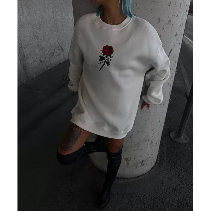 Arnay Oversize Üç İplik Bisiklet Yaka Baskılı Sweatshirt - Beyaz