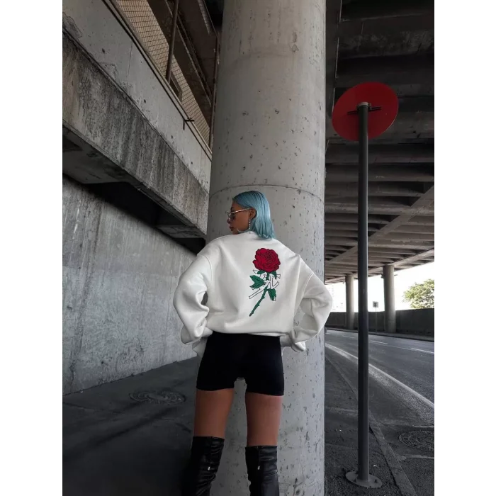 Arnay Oversize Üç İplik Bisiklet Yaka Baskılı Sweatshirt - Beyaz