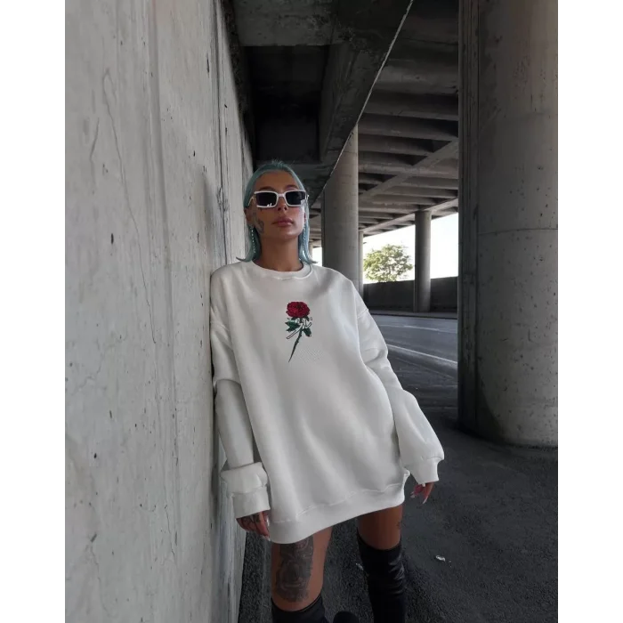 Arnay Oversize Üç İplik Bisiklet Yaka Baskılı Sweatshirt - Beyaz