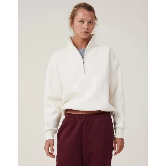Arnay Oversize Yarım Farmuarlı Yakalı Basic Sweatshirt - Beyaz