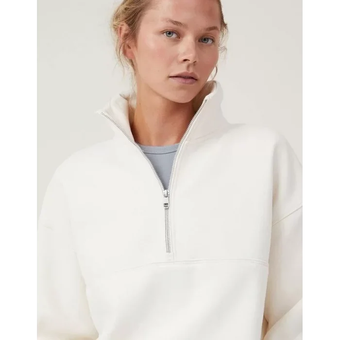 Arnay Oversize Yarım Farmuarlı Yakalı Basic Sweatshirt - Beyaz