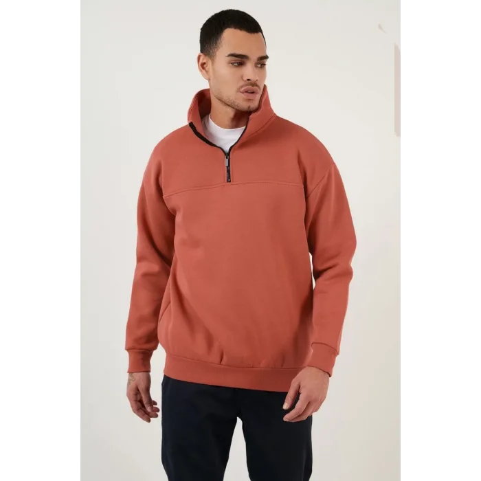 Arnay Oversize Yarım Farmuarlı Yakalı Özel Tasarım Basic Sweatshirt - Beyaz