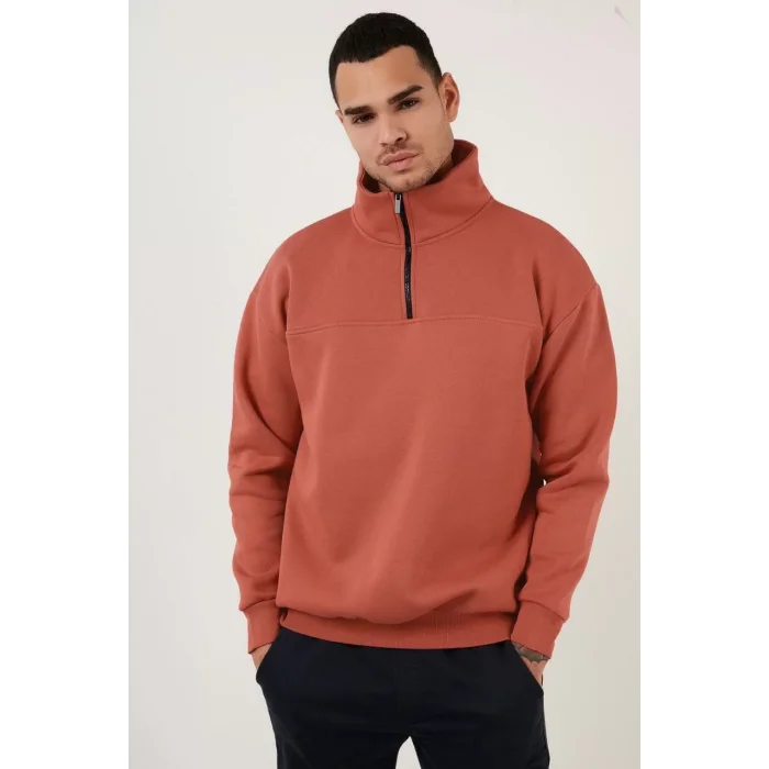 Arnay Oversize Yarım Farmuarlı Yakalı Özel Tasarım Basic Sweatshirt - Beyaz