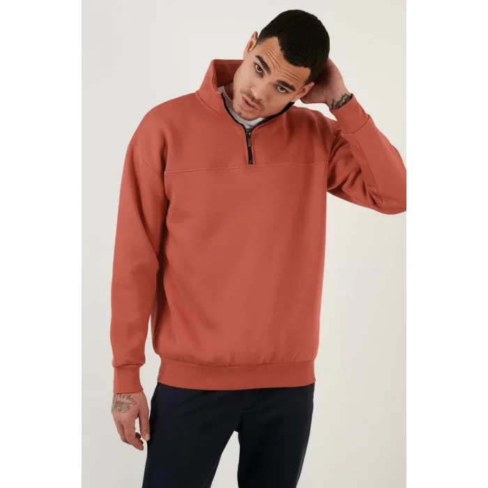 Arnay Oversize Yarım Farmuarlı Yakalı Özel Tasarım Basic Sweatshirt - Beyaz