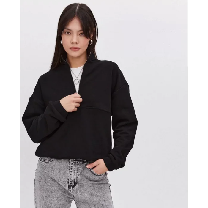 Arnay Oversize Yarım Farmuarlı Yakalı Basic Sweatshirt - Siyah