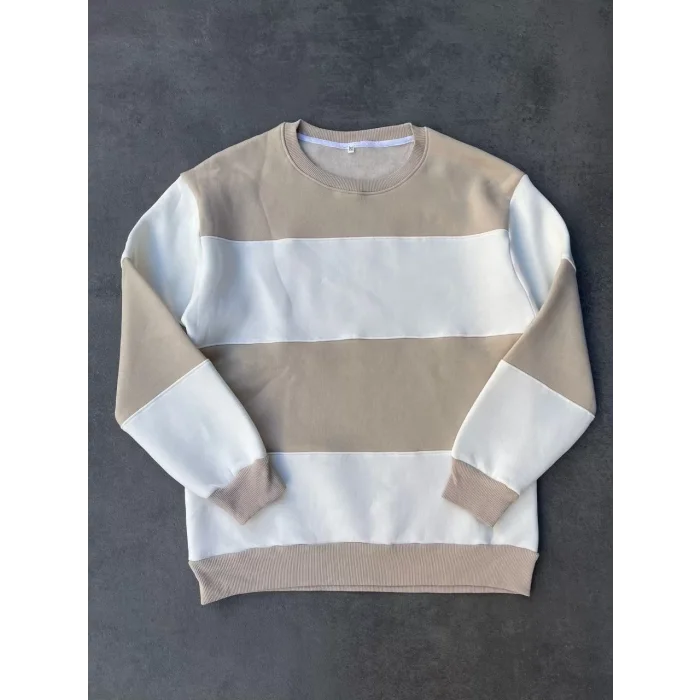 Arnay Parçalı Bisiklet Yaka Baskılı Sweatshirt - Bej