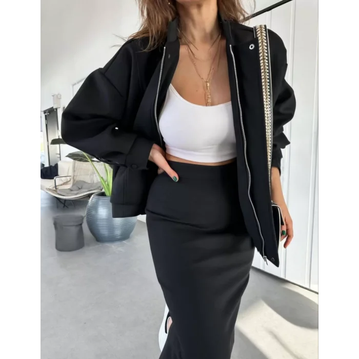 Arnay Ryse Kadın Mevsim Kaşe Fermuarlı Ceket Etek Takım Kaşmir Ceket Etekli  İkili Takım Kaşe Bomber Ceket-etek Takım