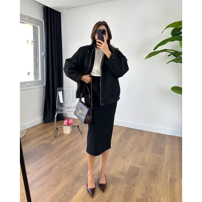 Arnay Ryse Kadın Mevsim Kaşe Fermuarlı Ceket Etek Takım Kaşmir Ceket Etekli  İkili Takım Kaşe Bomber Ceket-etek Takım