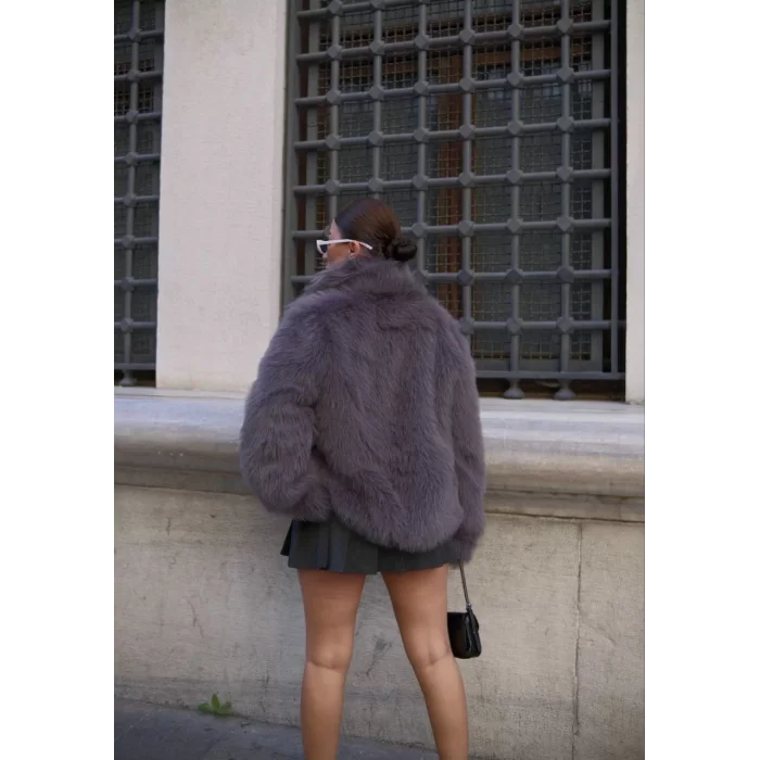 Arnay Salaş Sakallı Yumuşak Dokulu Yakalı Cepli Suni Kürk - Füme