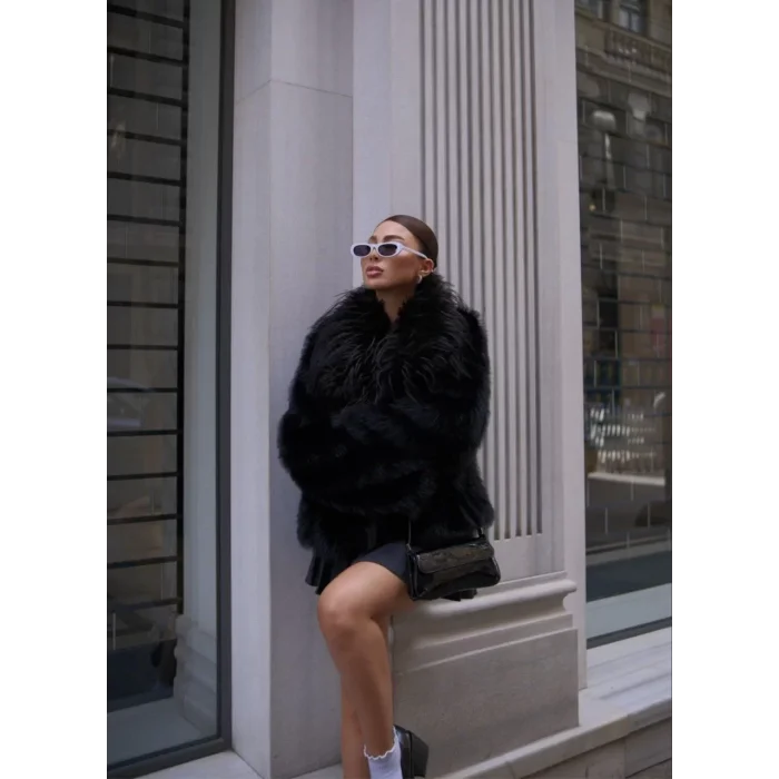 Arnay Salaş Sakallı Yumuşak Dokulu Yakalı Cepli Suni Kürk - Siyah