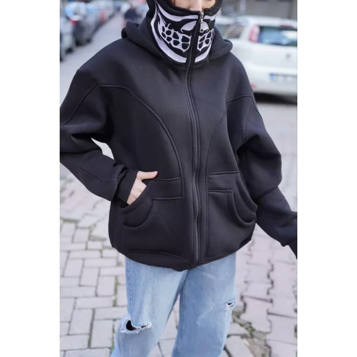 Arnay Samuray Kapşonlu Zıp Fermuarlı Çift Kapşonlu Nakışlı Sweatshirt- Siyah