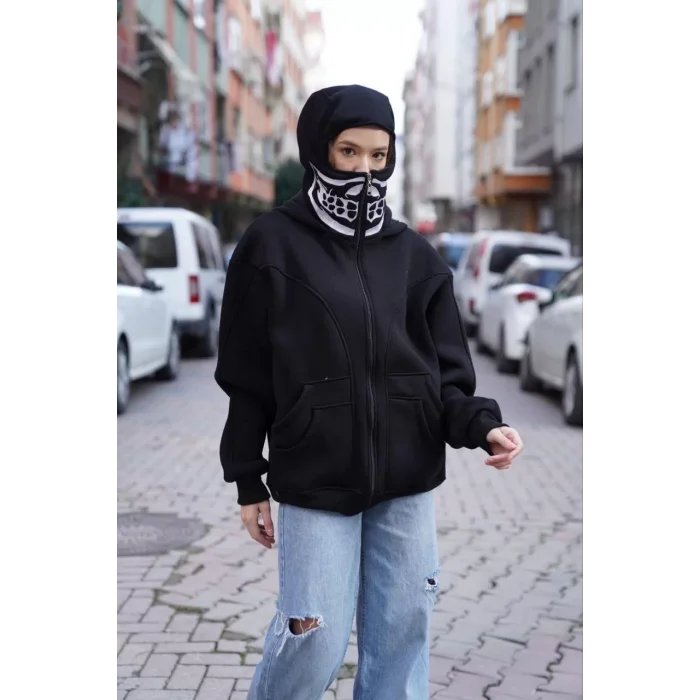 Arnay Samuray Kapşonlu Zıp Fermuarlı Çift Kapşonlu Nakışlı Sweatshirt- Siyah