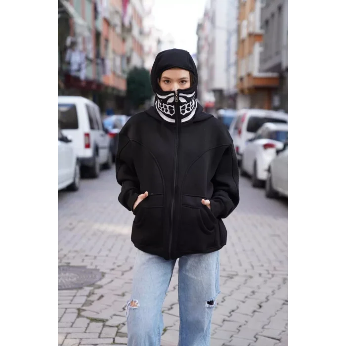 Arnay Samuray Kapşonlu Zıp Fermuarlı Çift Kapşonlu Nakışlı Sweatshirt- Siyah