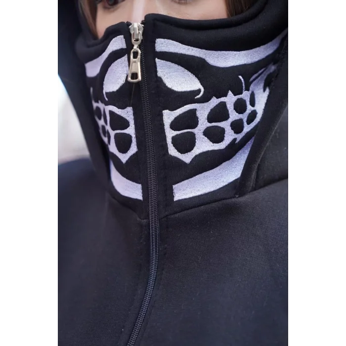 Arnay Samuray Kapşonlu Zıp Fermuarlı Çift Kapşonlu Nakışlı Sweatshirt- Siyah