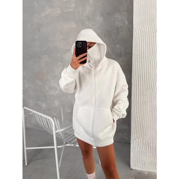 Arnay Samuray Zıp Fermuarlı Kapüşonlu Sweatshirt- Beyaz