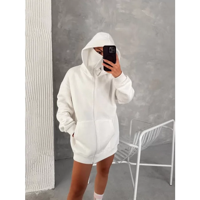 Arnay Samuray Zıp Fermuarlı Kapüşonlu Sweatshirt- Beyaz