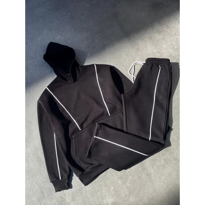 Arnay Şeritli Üç İplik Kapüşonlu Eşofman Takım - Siyah