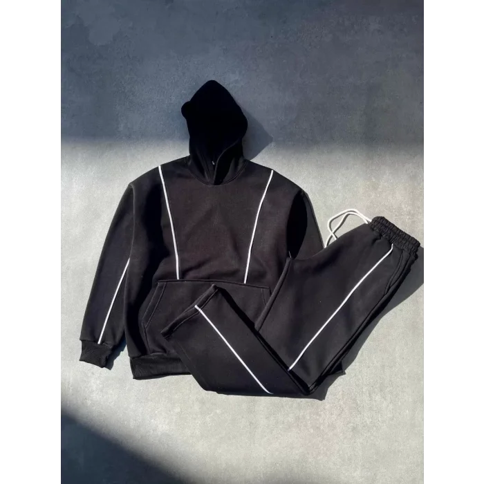 Arnay Şeritli Üç İplik Kapüşonlu Eşofman Takım - Siyah