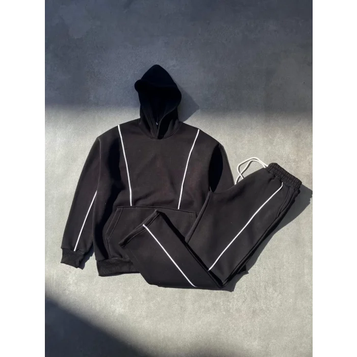 Arnay Şeritli Üç İplik Kapüşonlu Eşofman Takım - Siyah