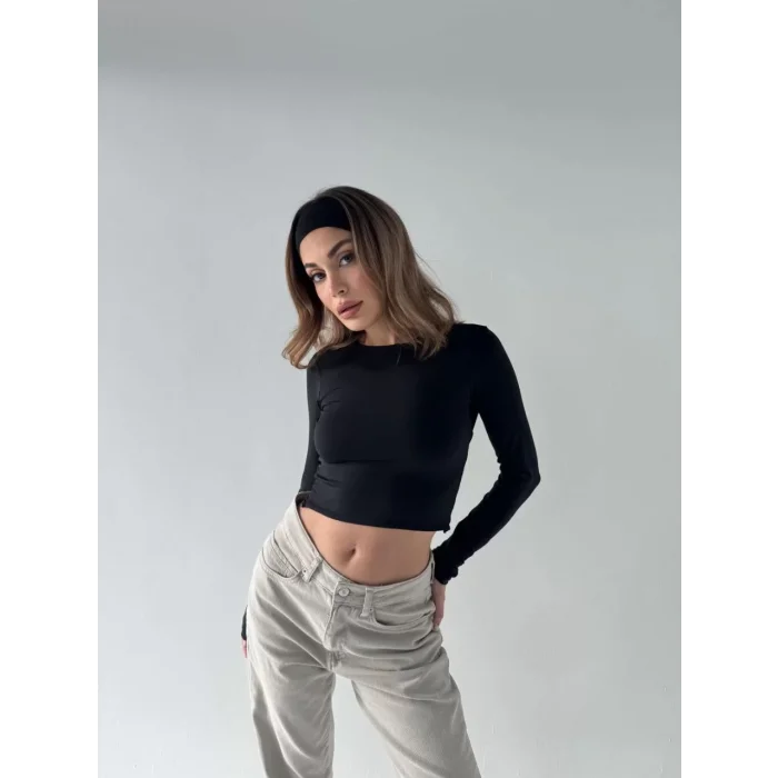 Arnay Sırt Dekoltelı Uzun Kollu Crop - Siyah