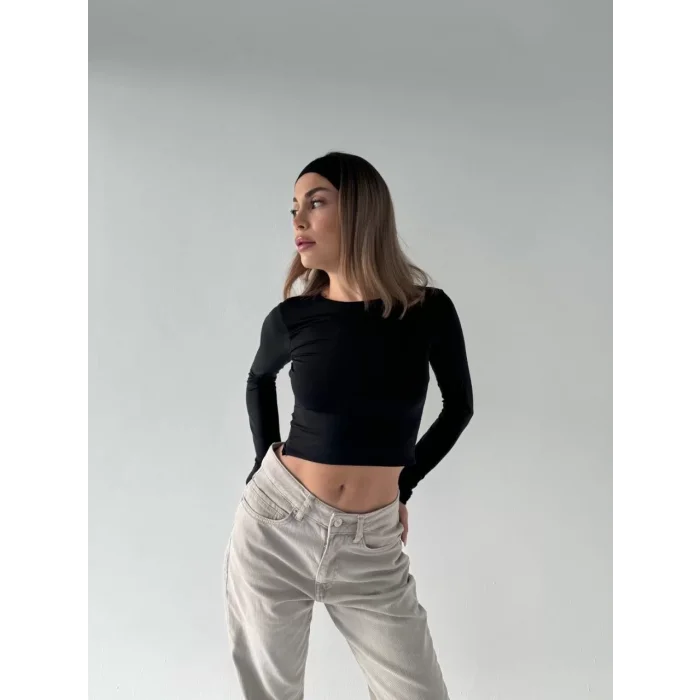 Arnay Sırt Dekoltelı Uzun Kollu Crop - Siyah
