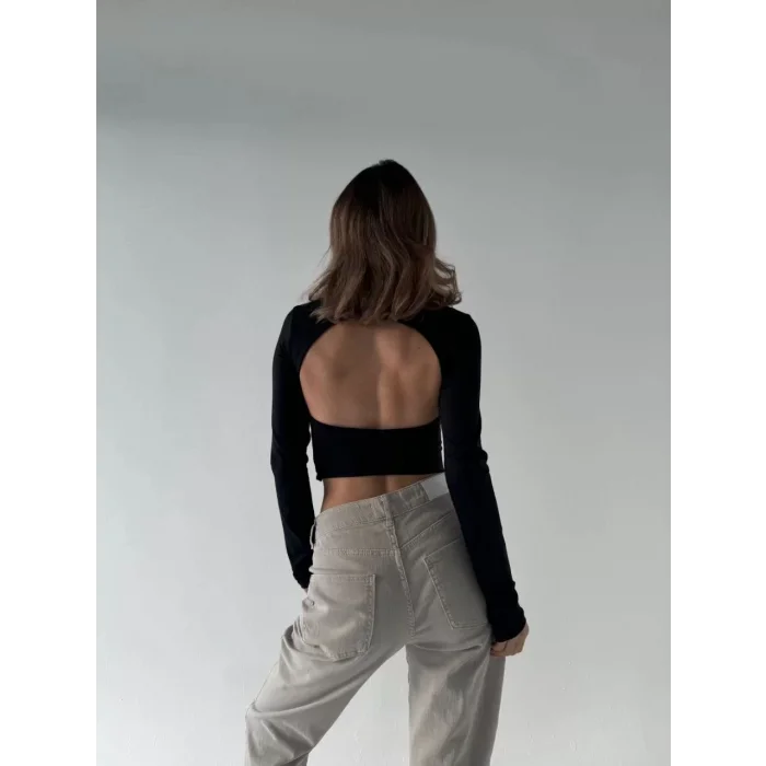 Arnay Sırt Dekoltelı Uzun Kollu Crop - Siyah