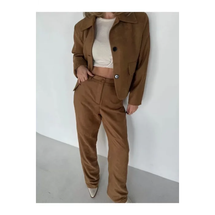 Arnay Süet Ceket Palazzo Pantolon İkili Takım - Kahve