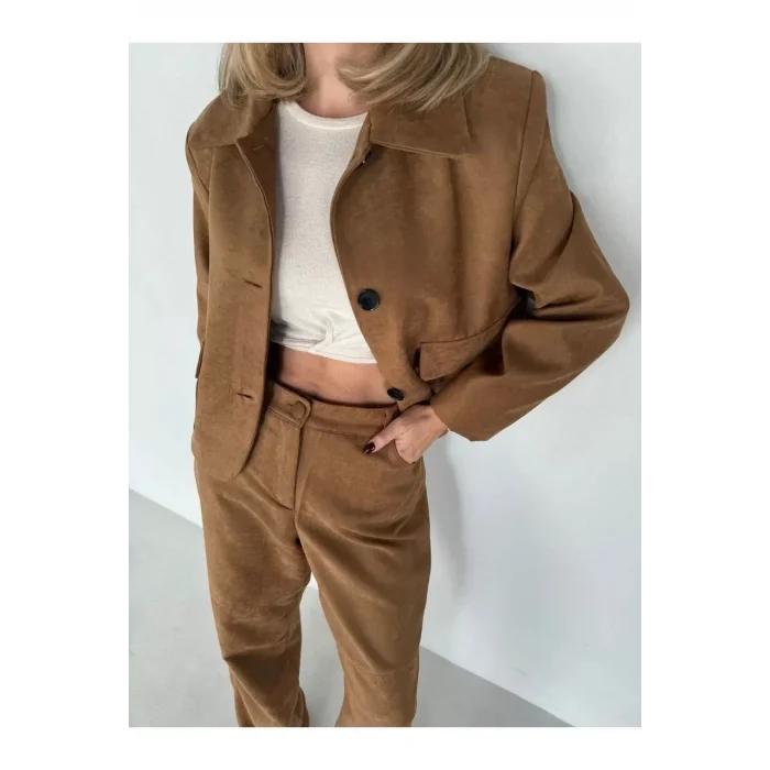 Arnay Süet Ceket Palazzo Pantolon İkili Takım - Kahve