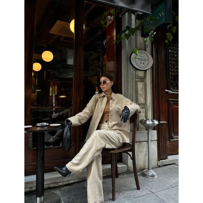 Arnay Süet Gömlek Palazzo Pantolon İkili Takım - Bej