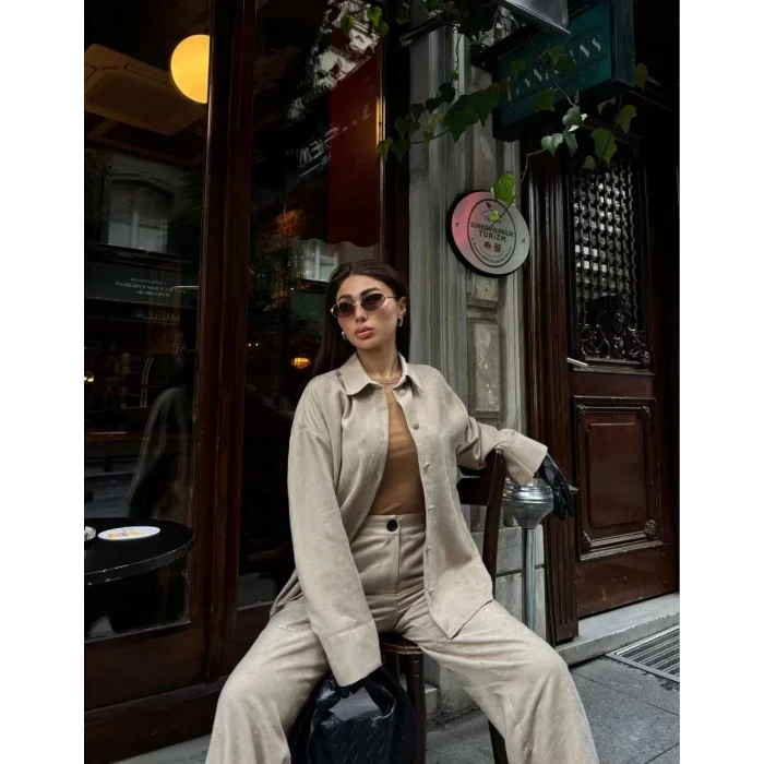 Arnay Süet Gömlek Palazzo Pantolon İkili Takım - Bej