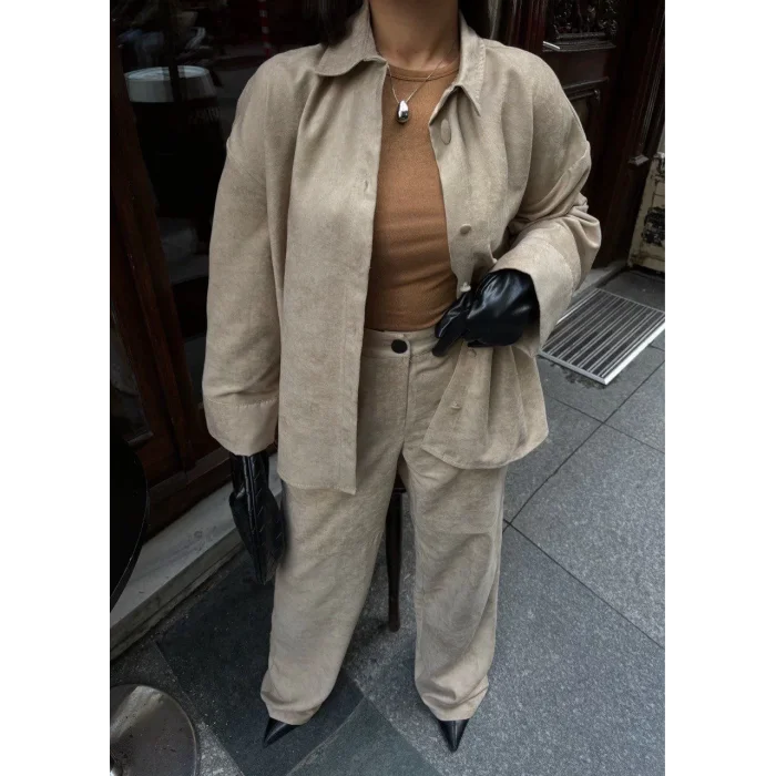 Arnay Süet Gömlek Palazzo Pantolon İkili Takım - Bej