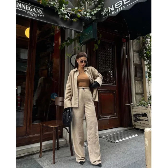 Arnay Süet Gömlek Palazzo Pantolon İkili Takım - Bej