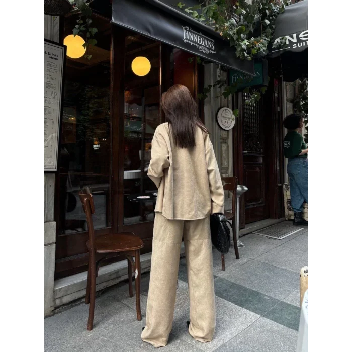 Arnay Süet Gömlek Palazzo Pantolon İkili Takım - Bej