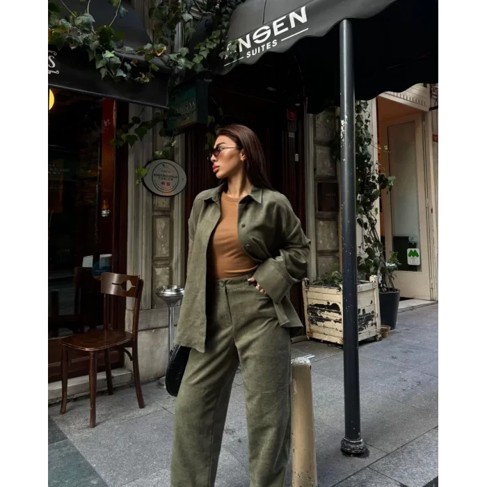 Arnay Süet Gömlek Palazzo Pantolon İkili Takım - Haki