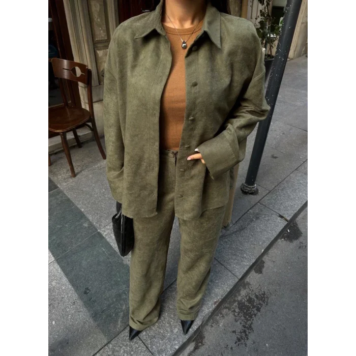 Arnay Süet Gömlek Palazzo Pantolon İkili Takım - Haki