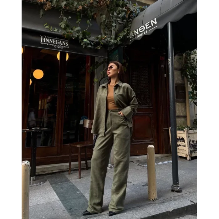 Arnay Süet Gömlek Palazzo Pantolon İkili Takım - Haki