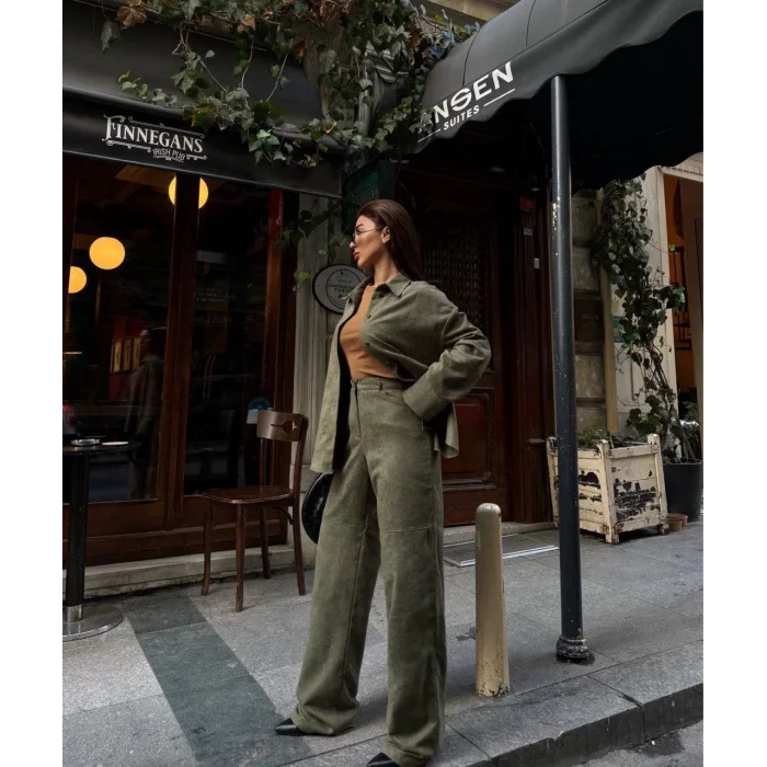 Arnay Süet Gömlek Palazzo Pantolon İkili Takım - Haki