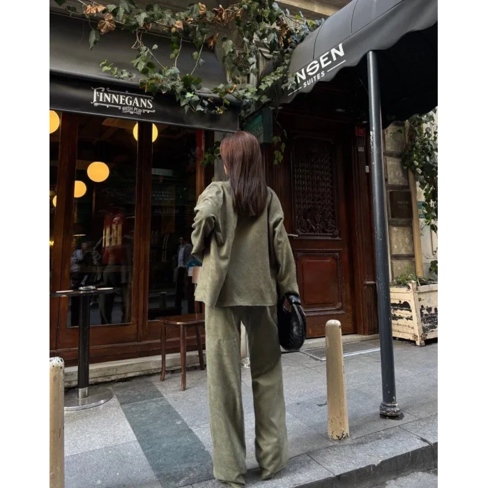 Arnay Süet Gömlek Palazzo Pantolon İkili Takım - Haki