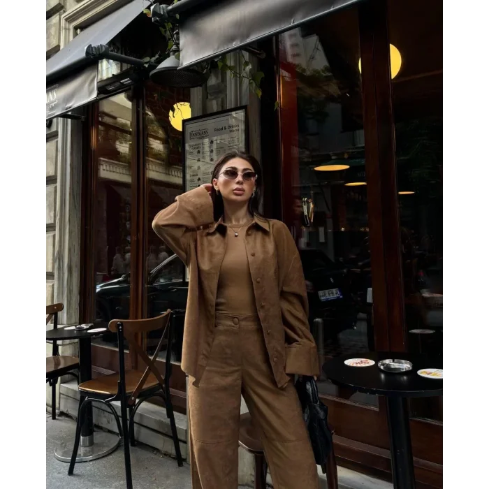 Arnay Süet Gömlek Palazzo Pantolon İkili Takım - Kahve