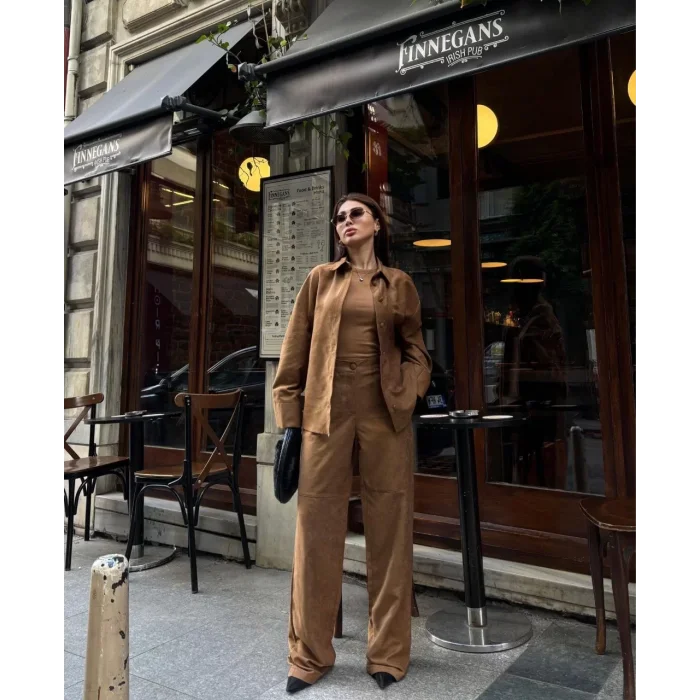 Arnay Süet Gömlek Palazzo Pantolon İkili Takım - Kahve