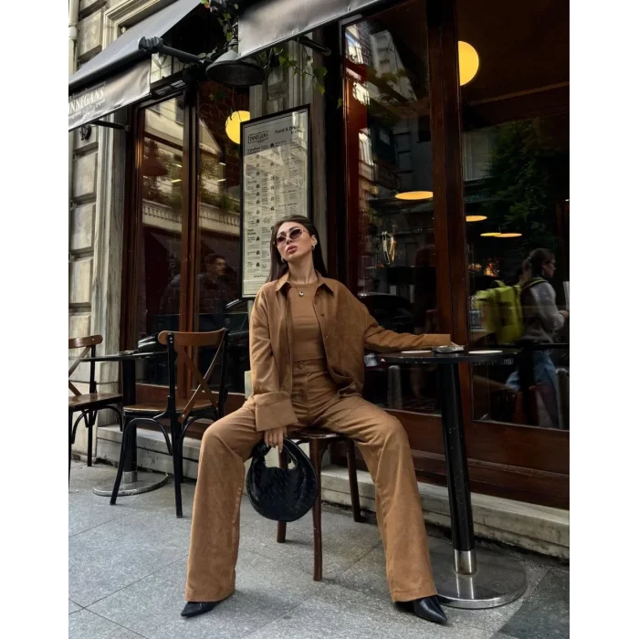 Arnay Süet Gömlek Palazzo Pantolon İkili Takım - Kahve