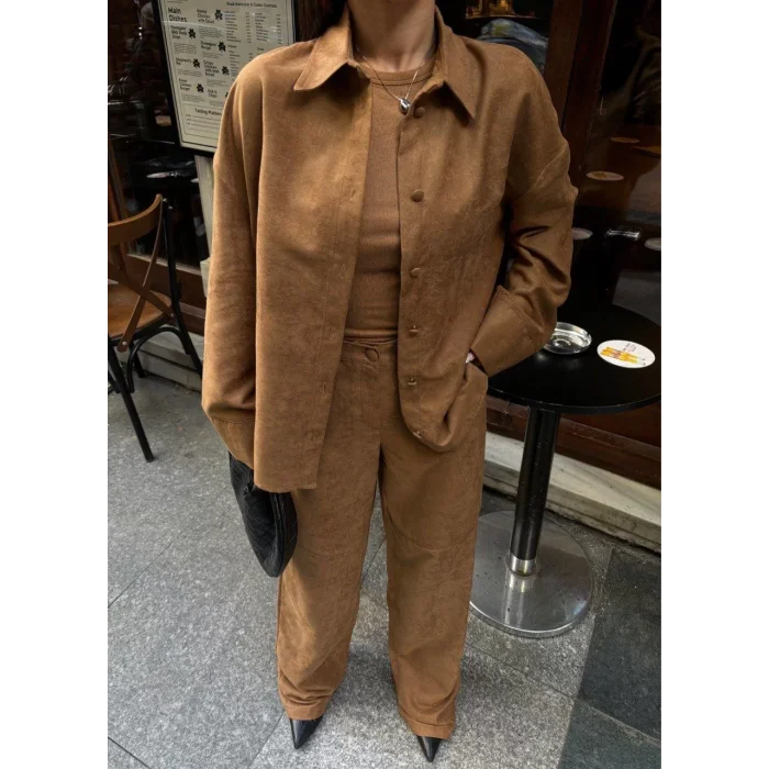 Arnay Süet Gömlek Palazzo Pantolon İkili Takım - Kahve