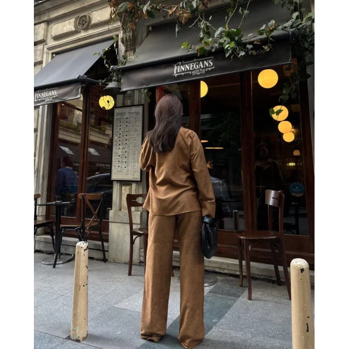 Arnay Süet Gömlek Palazzo Pantolon İkili Takım - Kahve