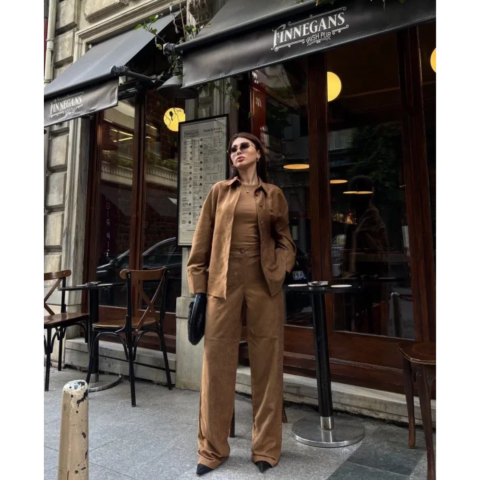 Arnay Süet Gömlek Palazzo Pantolon İkili Takım - Kahve