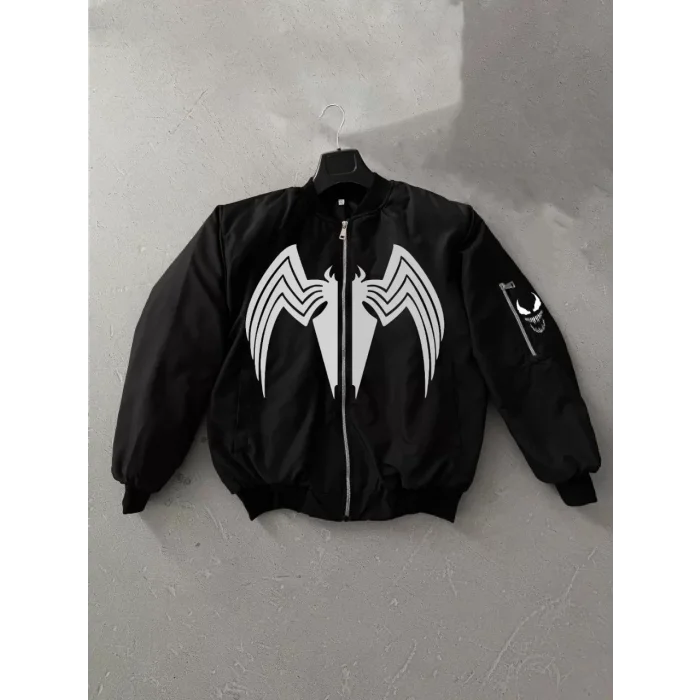 Arnay Tam Fermuarlı Uzun Kol Baskılı Bomber Ceket - Siyah