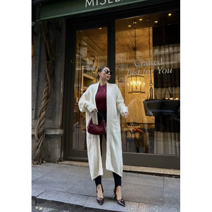 Arnay Triko Cepli Uzun Hırka - Beyaz