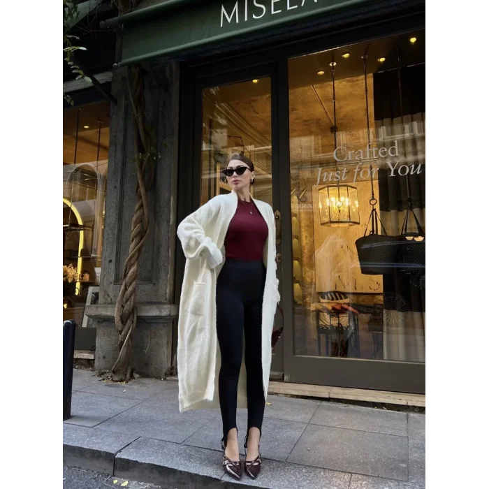 Arnay Triko Cepli Uzun Hırka - Beyaz