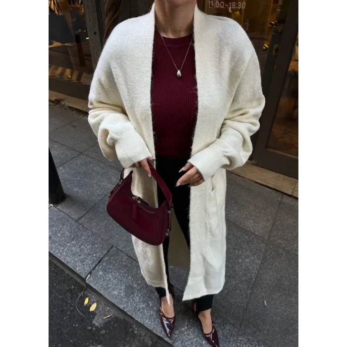 Arnay Triko Cepli Uzun Hırka - Beyaz