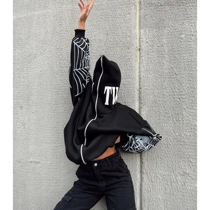 Arnay Üç İplik Bape Spider Baskılı Oversize Hırka - Siyah