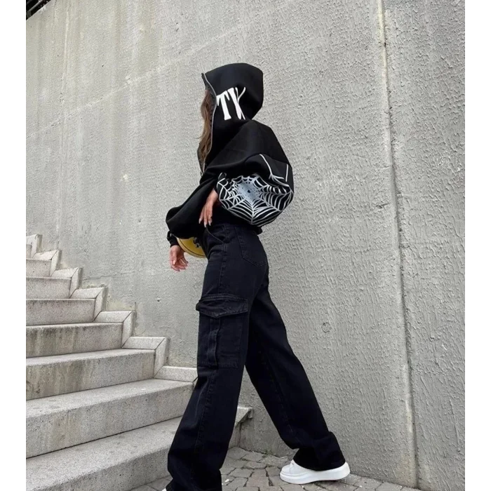 Arnay Üç İplik Bape Spider Baskılı Oversize Hırka - Siyah